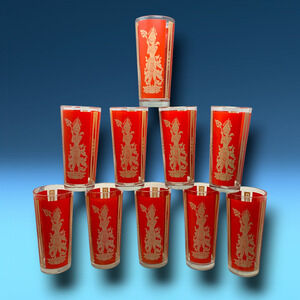 Lot 10 Vintage Mid Century Culver Red & Gold Siam Thai Goddess Drinking Glasses